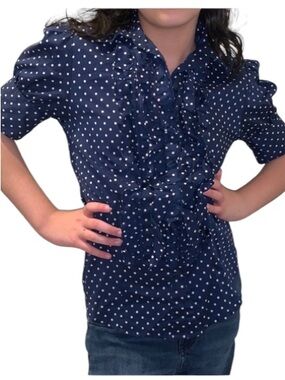 Pixie Hopkins 100% CottonButton Down Pin - Up Style Polka Dot Blouse W/ Ruffles